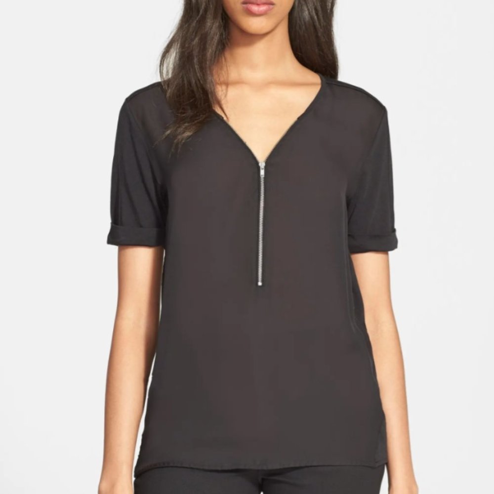 Kooples 100% Silk Short Sleeve Blouse - Slate Grey